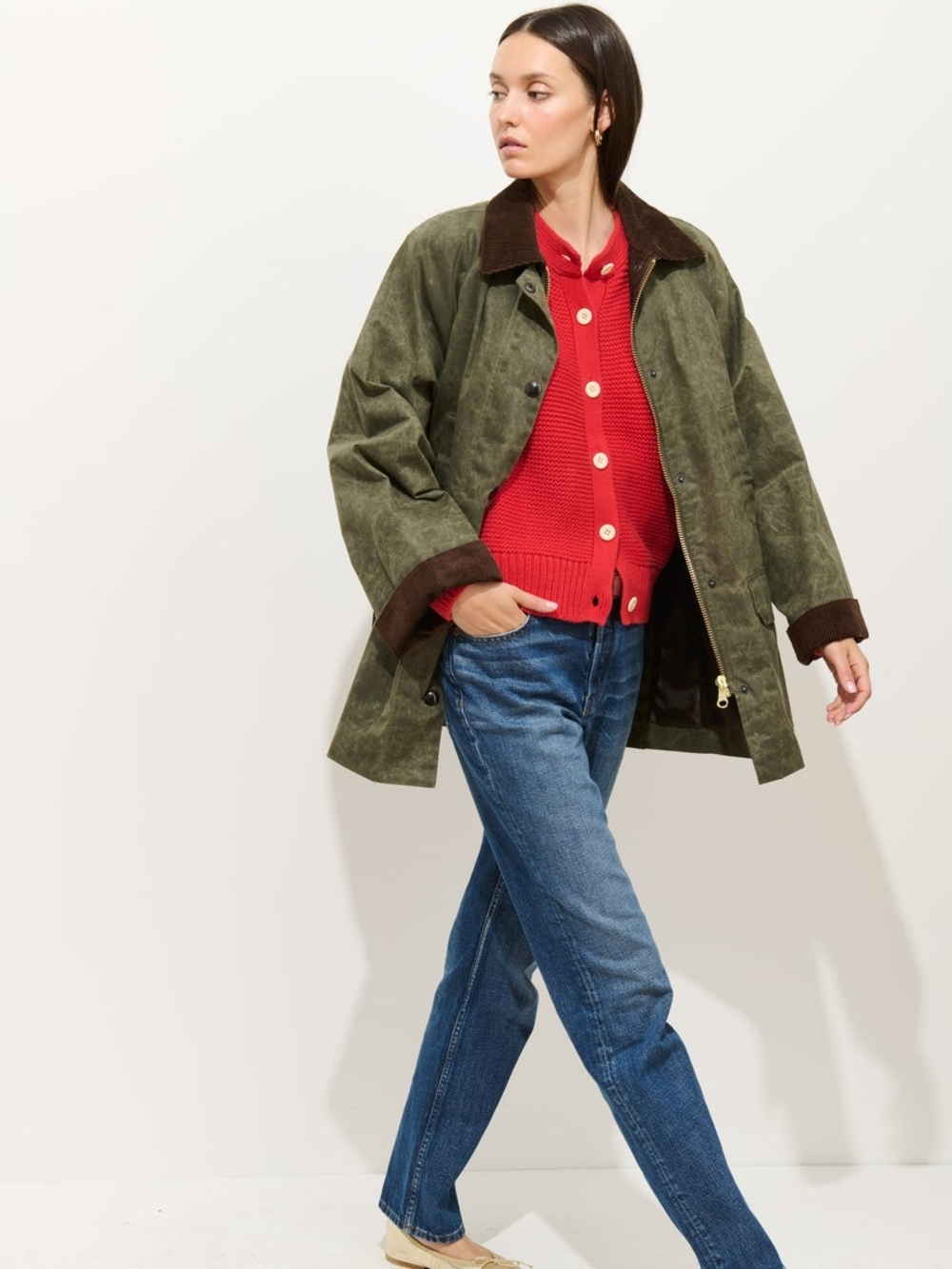 NWT Alex Mill Olive Waxed Canvas Field Jacket with Brown Corduroy Trim